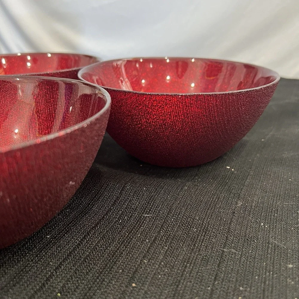Set of 3 Ruby Red Glitter Textured Glass Decorative Bowls‎ 6 Inch Shimmer Glam